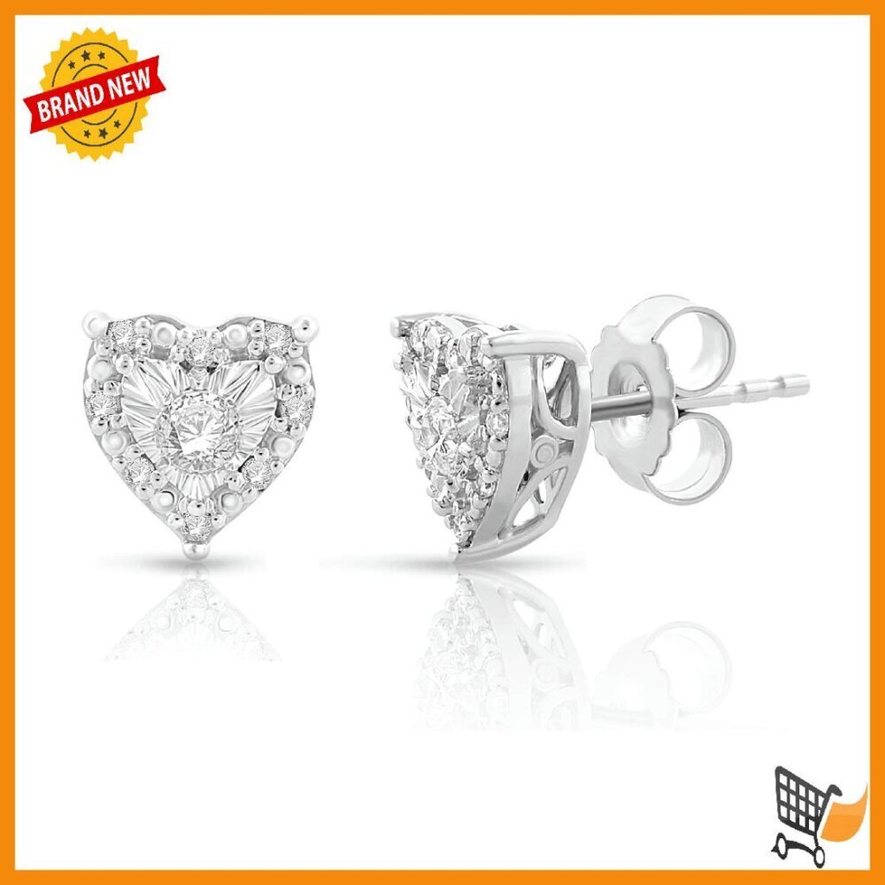 Sterling Silver Diamond Heart Stud Earrings 1/4 Cttw Gift Ready